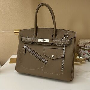 30cm Top Handle Rock BK Style Leather Satchel Etaupe